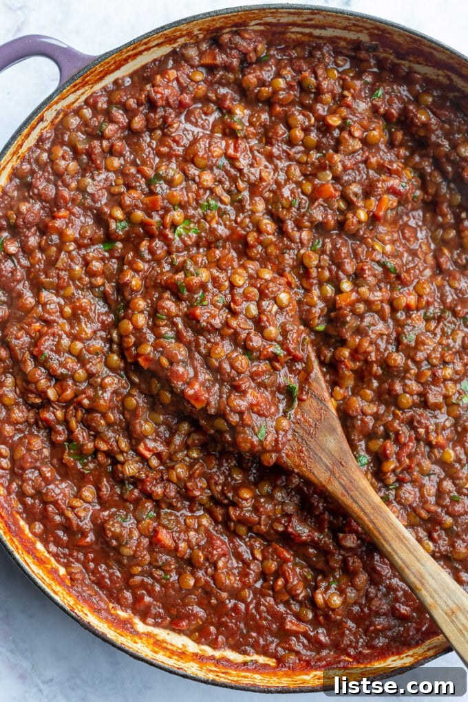 Hearty Lentil Bolognese 5 A wooden spoon holding a generous scoop of rich, thick Lentil Bolognese sauce.