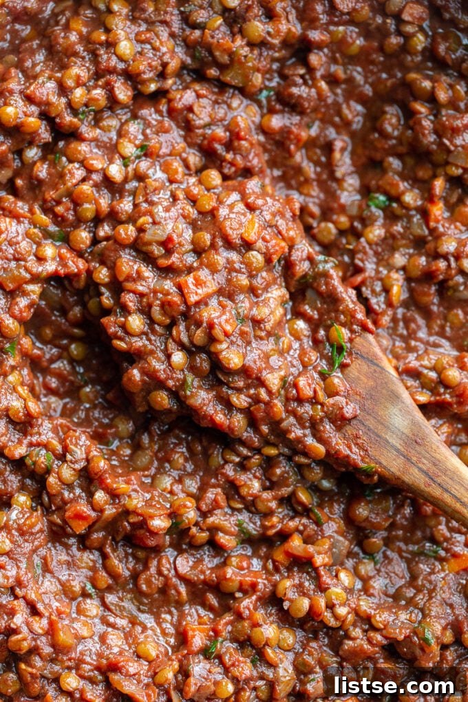 Hearty Lentil Bolognese 6 A wooden spoon scooping up rich, thick lentil sauce, showcasing its hearty texture.