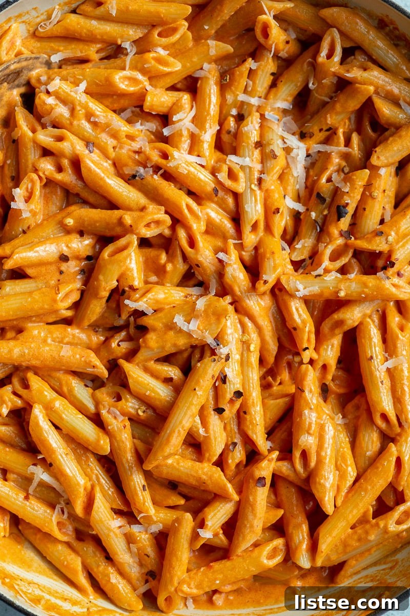 Penne pasta in a creamy tomato sauce.
