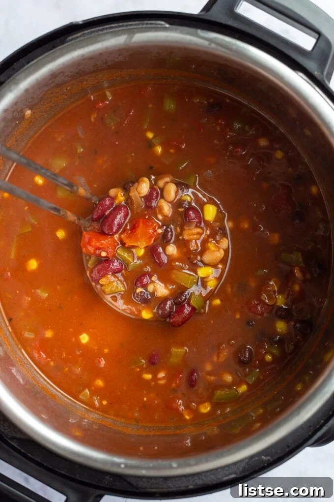 Ultimate Instant Pot Chili 3 Using a ladle to serve chili out of an Instant Pot.