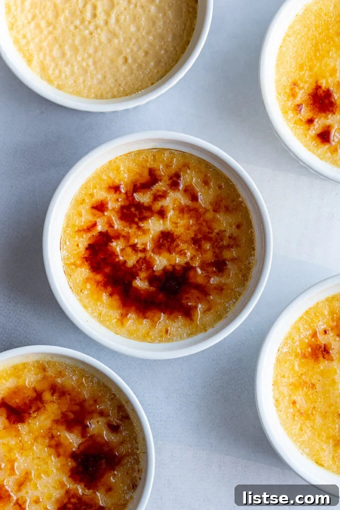 Crème Brûlée in several white ramekins, arranged elegantly.