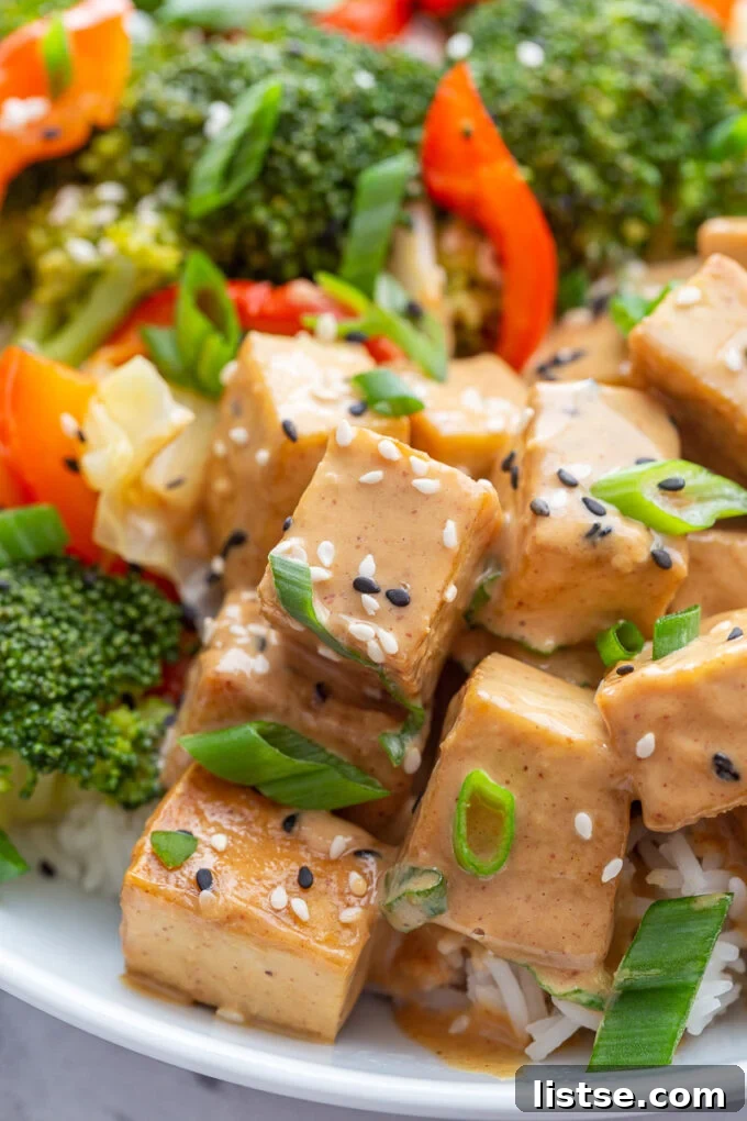 Crispy pan-fried tofu generously drizzled with a rich peanut sauce and garnished with fresh green onions.
