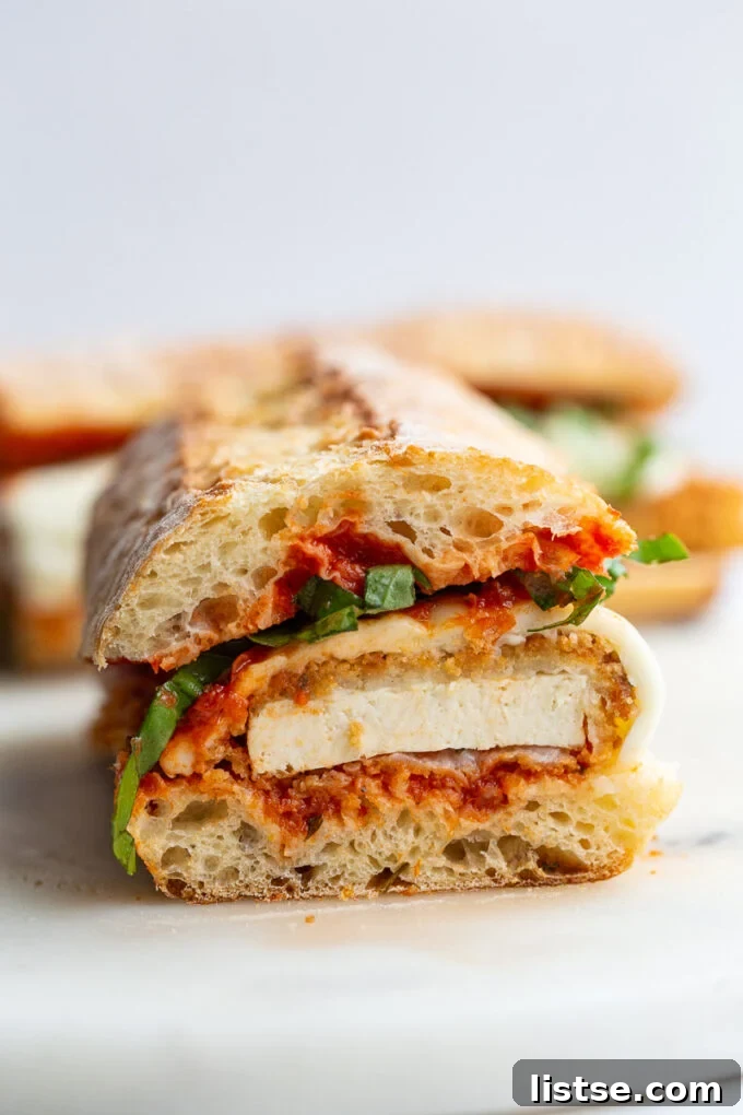 Sandwich made on French bread with tofu, marinara and mozzarella cheese.