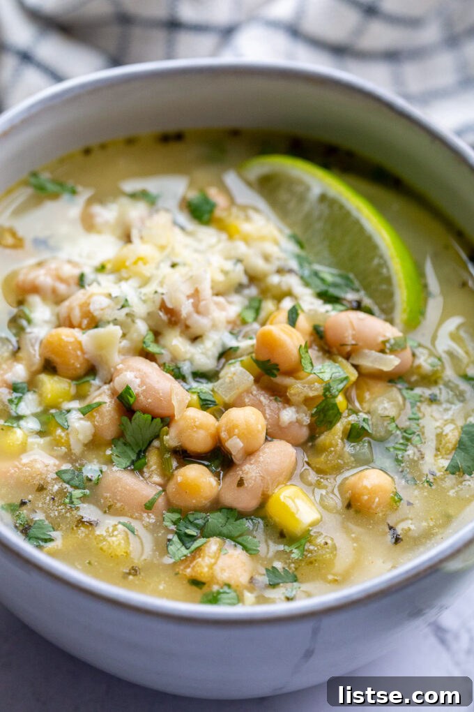 White bowl filled with white bean chili.