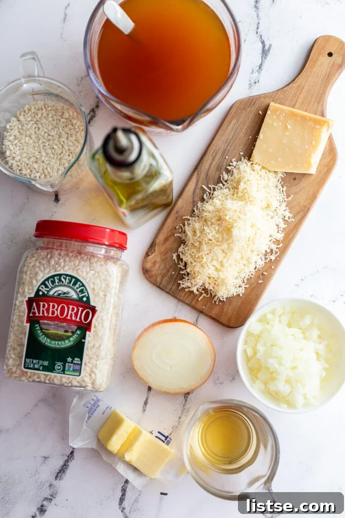 Crafting Perfect Risotto 4 Uncooked Arborio rice, a block of Parmesan cheese, a bottle of olive oil, and a bowl of broth, portioned into small serving bowls, ready for cooking risotto.
