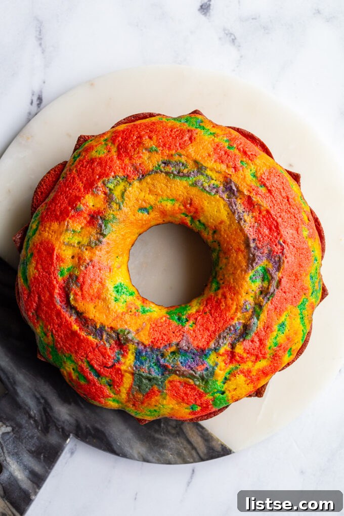 Kaleidoscope Bundt Cake 3 Close-up of a vibrant rainbow swirl bundt cake.