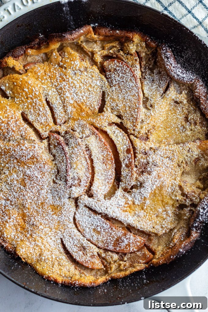 Golden Apple Oven Puff 4 A close-up shot of an Apple Dutch Baby in a cast iron skillet, lightly dusted with powdered sugar, showcasing its puffed edges and tender apple filling.