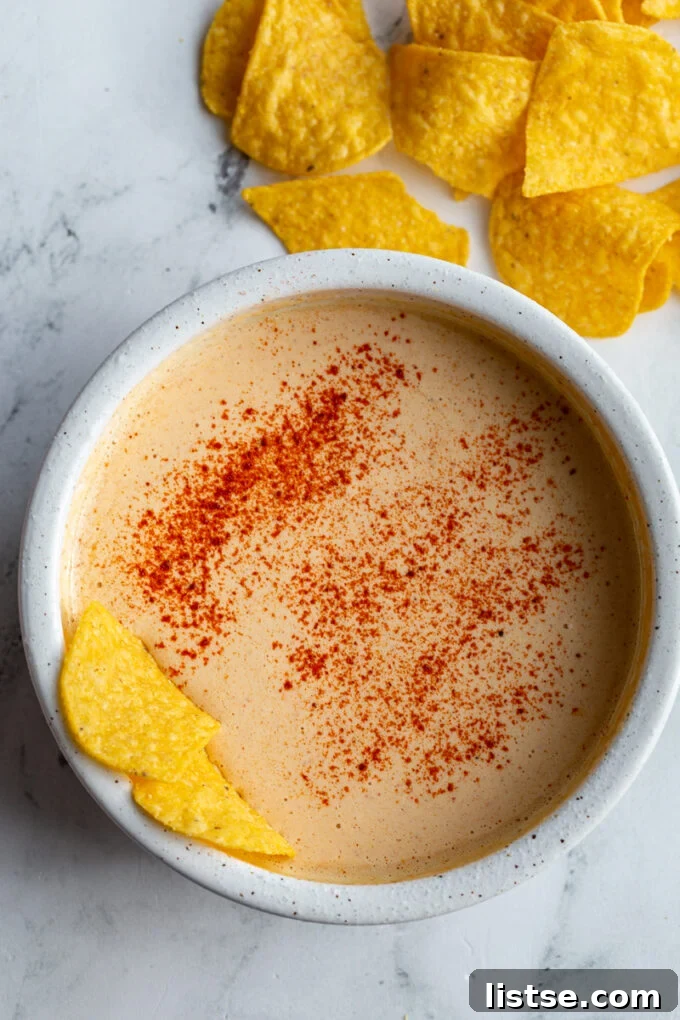 A beautifully presented bowl of creamy cottage cheese queso, artfully sprinkled with paprika and accompanied by a stack of golden tortilla chips, inviting immediate indulgence.