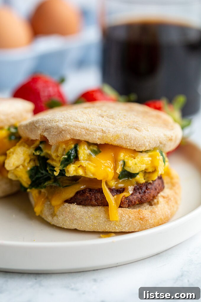 English Muffin Morning Stack 4 English muffin sandwich with spinach scrambled eggs and sausage topped with cheese, served with strawberries and coffee.