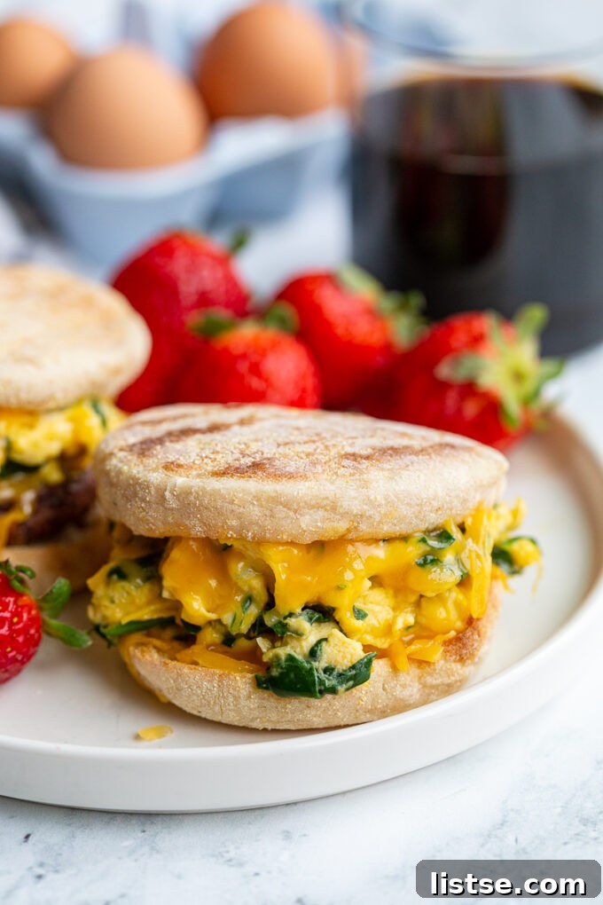English Muffin Morning Stack 5 English muffin sandwich with spinach scrambled eggs topped with cheese, served with strawberries and coffee.
