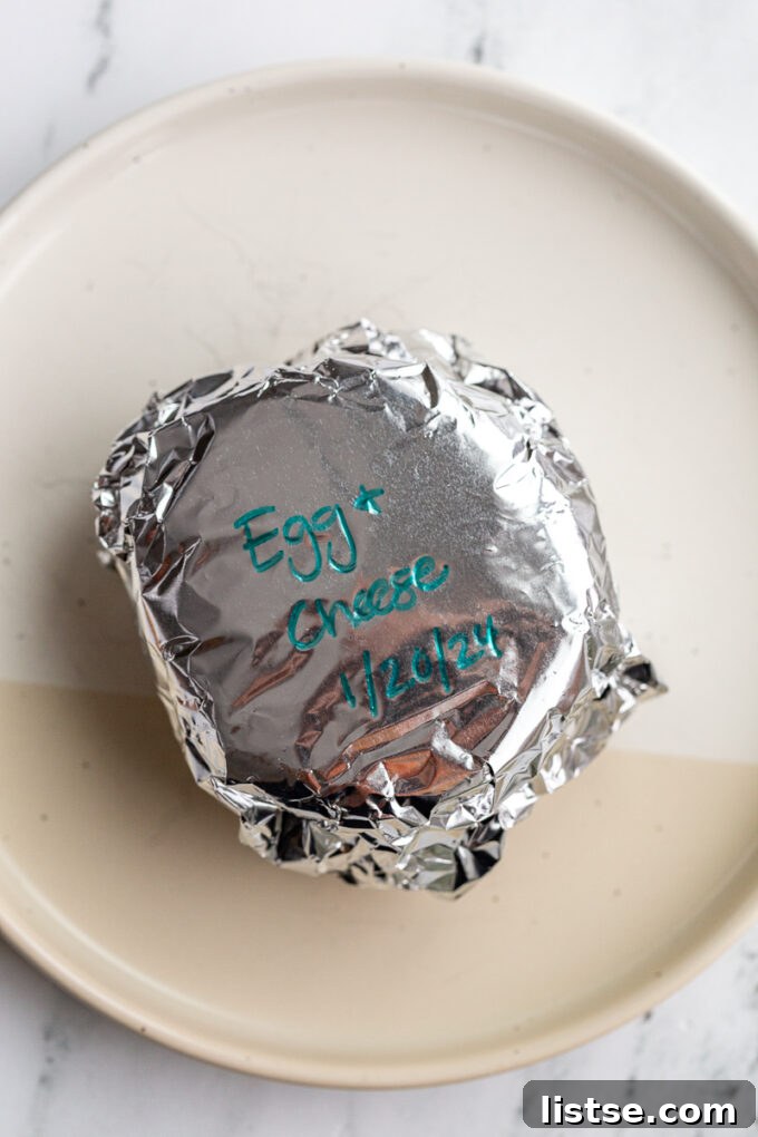 English Muffin Morning Stack 6 Sandwich wrapped in foil and labeled "Egg & Cheese 1/20/24"