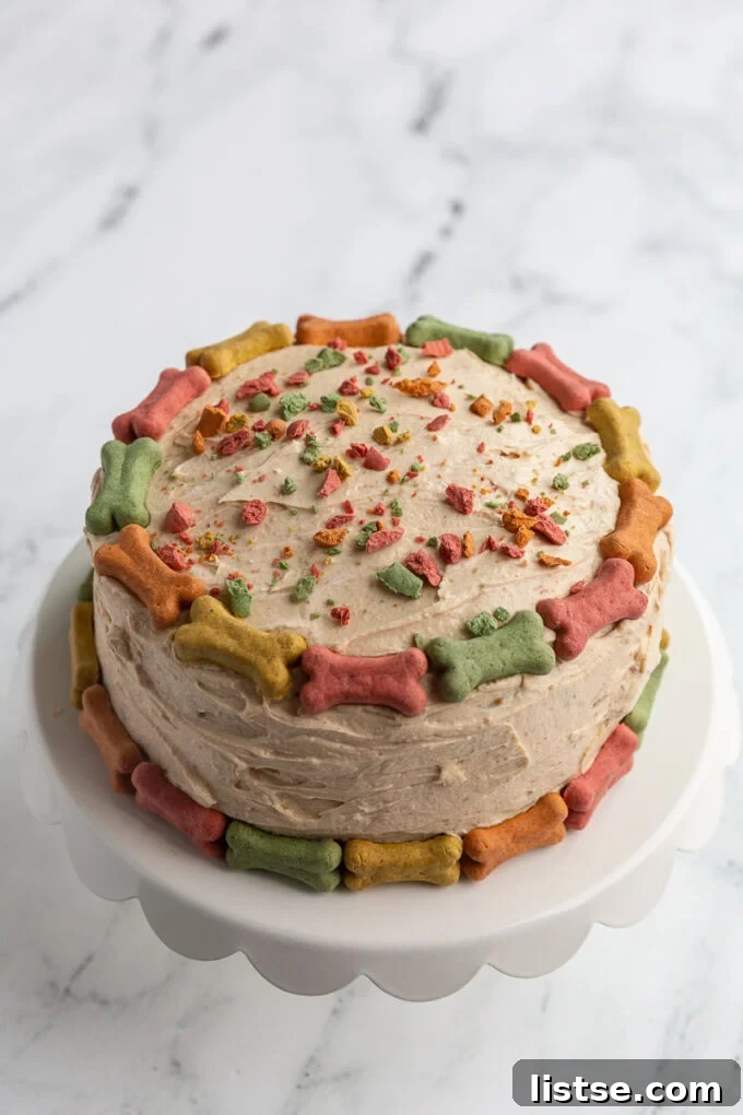 The star of the show: a perfectly baked round dog birthday cake, generously slathered with creamy frosting and adorned with an assortment of colorful mini dog bones. Crushed bone pieces add a playful sprinkle effect to its top.