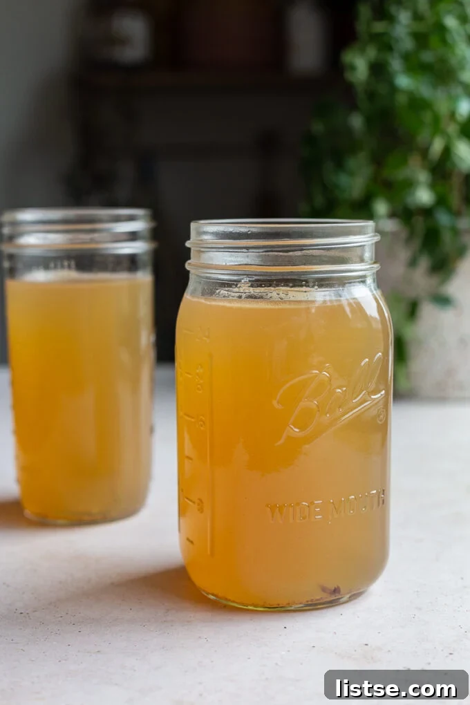 Unlock Canine Wellness with Bone Broth 3 Two large mason jars filled with homemade bone broth for dogs, showcasing its rich golden color.