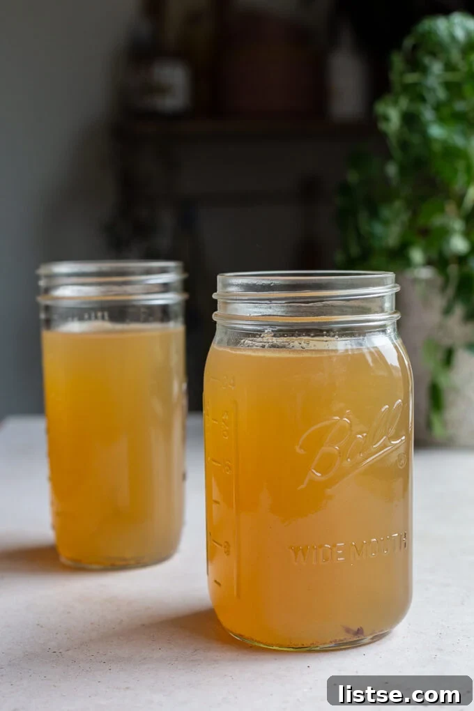 Unlock Canine Wellness with Bone Broth 5 Two large mason jars of homemade bone broth for dogs, showing a rich, gelatinous texture.