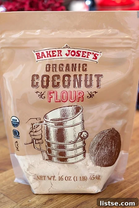Trader Joe's Organic Coconut Flour, highlighting its use for a gluten-free mac and cheese sauce.