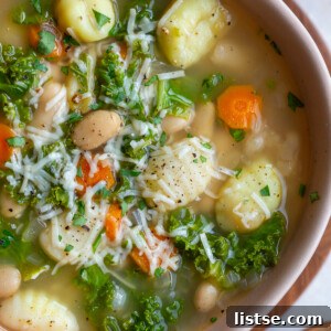 A vibrant and comforting bowl of White Bean and Kale Gnocchi Soup.