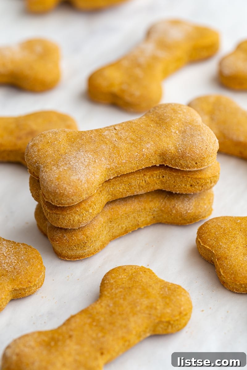 Three pumpkin dog biscuits shaped like bones stacked. 