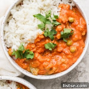 Lentil curry served over coconut rice.