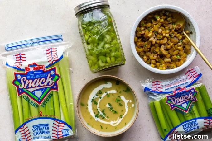 An appetizing collage of celery soup, pickled celery, and sautéed celery, accompanied by fresh Dandy celery stalks.