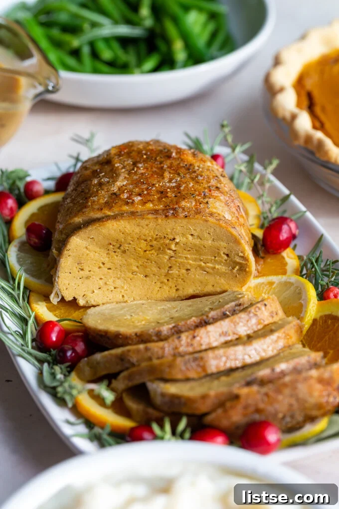 Feast Without Fowl 3 A close-up shot of a perfectly sliced vegan turkey loaf, showcasing its tender, juicy texture and savory aroma. The golden-brown 'skin' is visible, promising a delightful crunch.