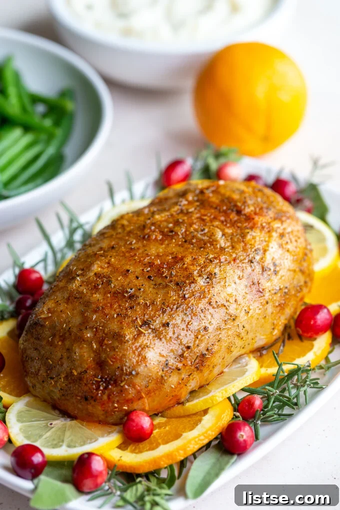 Feast Without Fowl 4 A rustic presentation of the vegan turkey loaf, adorned with fresh rosemary sprigs and thin slices of oranges and lemons, ready for its final roasting step.