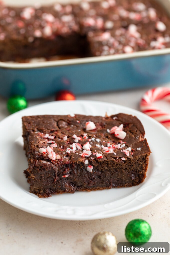Decadent Mint Chocolate Baked Oats 2 A serving of chocolate peppermint baked oats topped with crushed peppermint on a white plate, showcasing its rich, dark color and festive crunch.