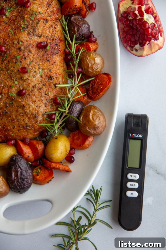 Stuffed Vegan Holiday Roast 4 A sliced stuffed vegan turkey roast arranged on a platter with roasted vegetables, displaying its delicious cross-section and crispy rice paper skin, alongside a Taylor kitchen thermometer.