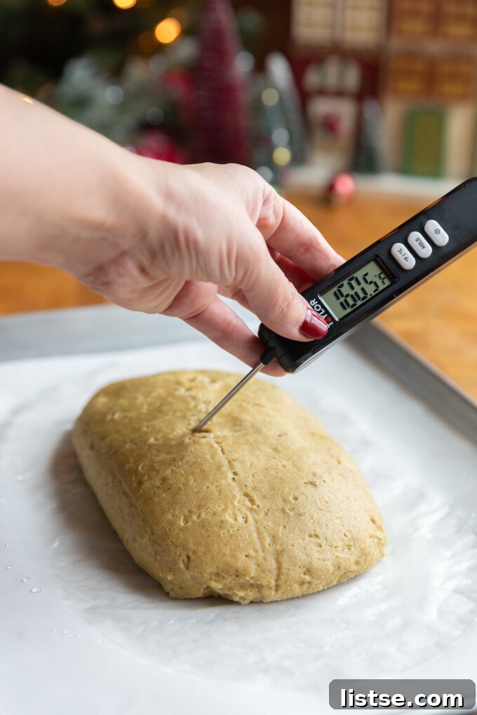 Stuffed Vegan Holiday Roast 9 A close-up of a digital kitchen thermometer inserted into the center of the seitan roast, displaying a temperature of 160 degrees F, indicating it's perfectly steamed.