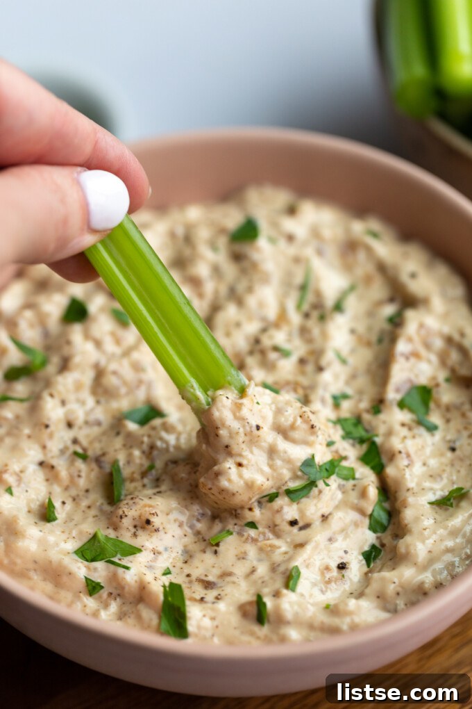 A crisp Dandy celery stick plunging into a bowl of creamy, high-protein French onion dip, highlighting its perfect texture.