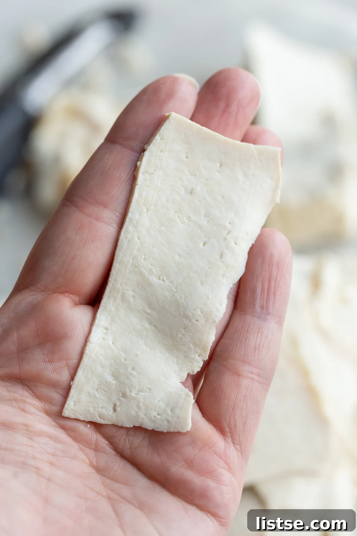 Tofu Lunch: Mock Meat Magic 5 Step 1: Thinly slicing a block of tofu with a vegetable peeler