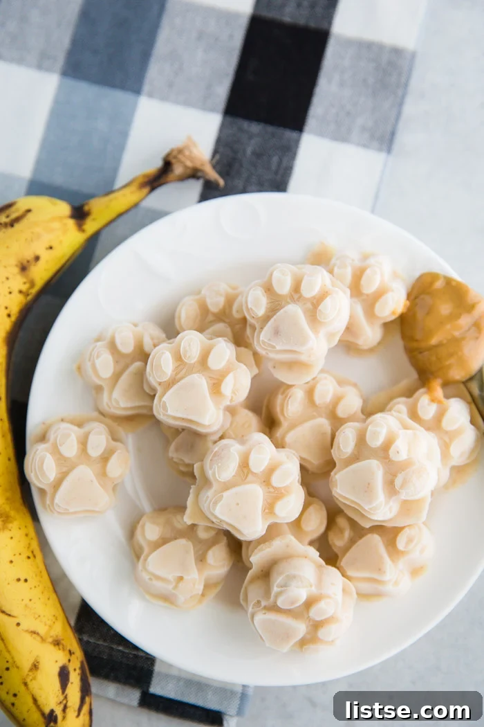 Dog ice cream treats shaped as paw prints on a white plate, ready for a dog to enjoy