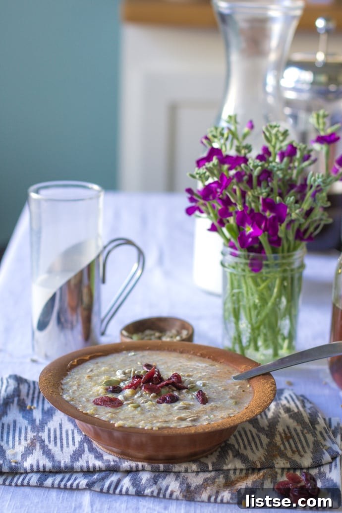 A beautifully garnished Quinoa Breakfast Cereal Bowl