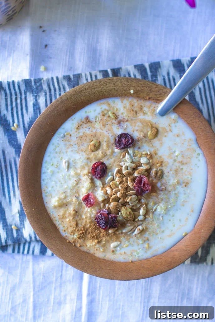 A close-up shot of Quinoa Breakfast Cereal Bowl ingredients