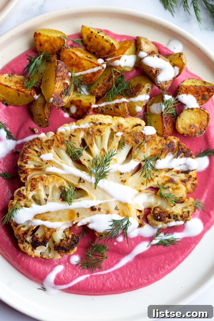 Seared Cauliflower Steaks with Vibrant Beet & Bean Puree 2 Crispy Roasted Cauliflower Steaks with Beet Puree