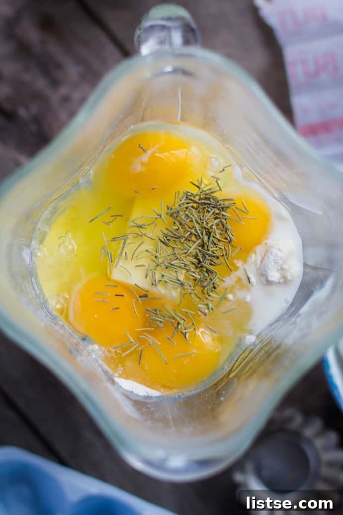 Rosemary sprigs added to crepe batter for flavor