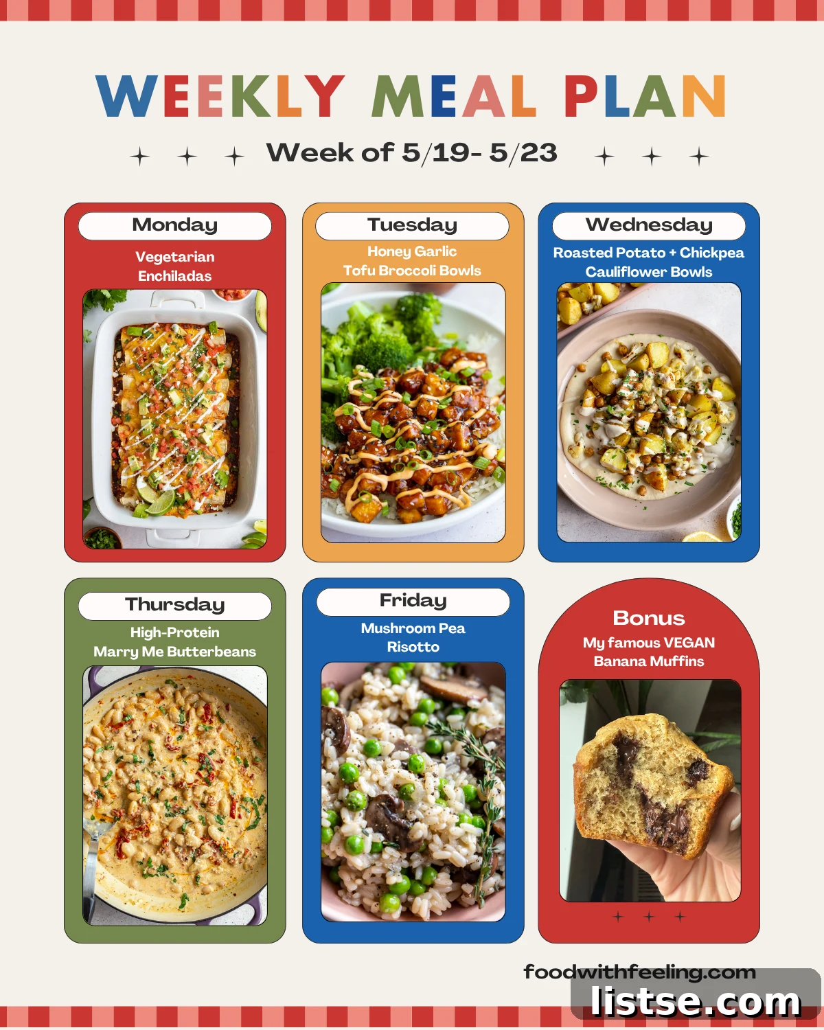 Weekly meal plan template showcasing five diverse vegetarian meals with vibrant photos
