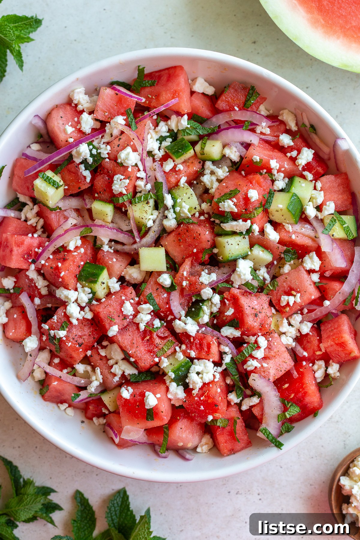 A close up of the finished Watermelon Feta Mint Salad