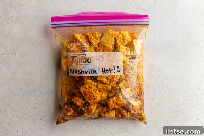 Summer Tofu Transformed: 3 Amazing Marinades 8 Torn tofu chunks marinating in a fiery Nashville hot spice blend