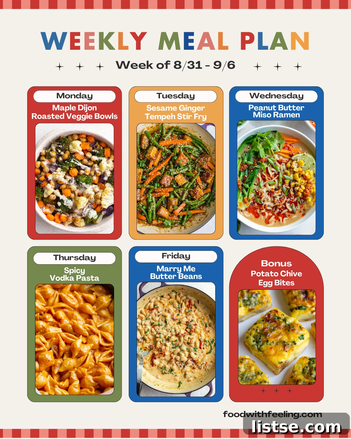 A vibrant weekly vegetarian meal plan template featuring six diverse and comforting recipes, perfect for fall cooking and easy meal preparation.