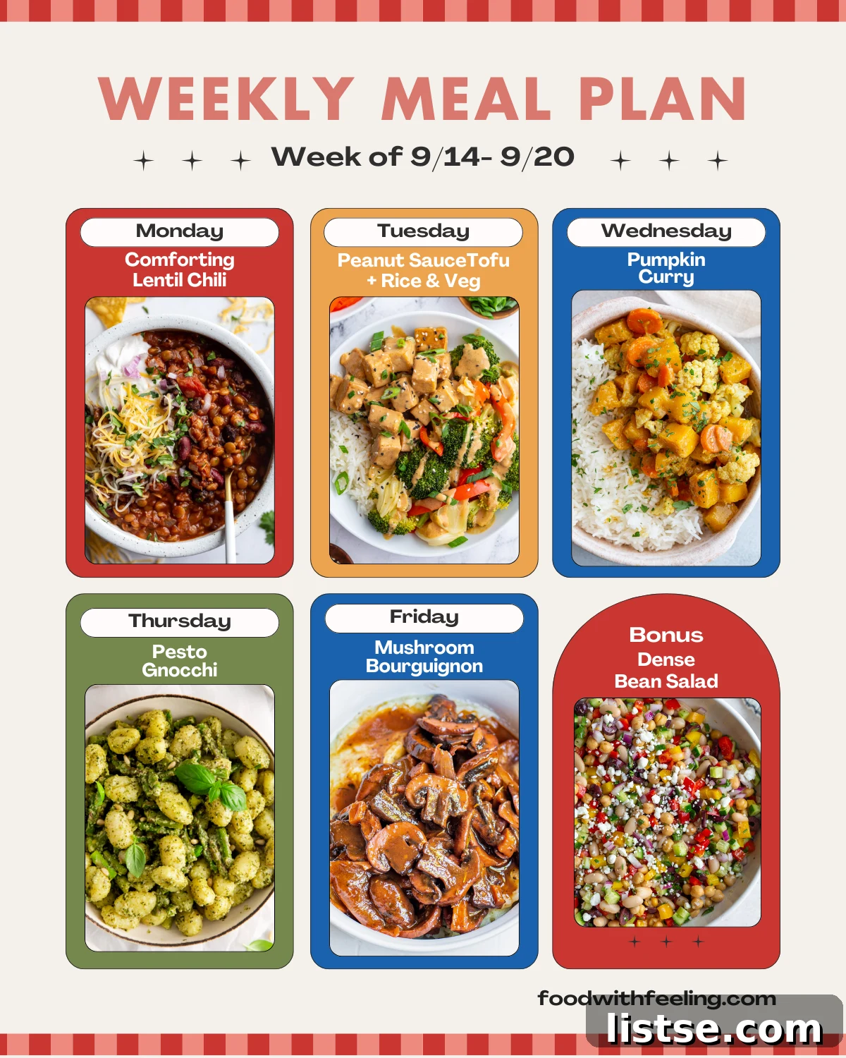 Weekly meal plan templates showing 6 different vibrant vegetarian recipes to cook, emphasizing fresh ingredients and colorful dishes.