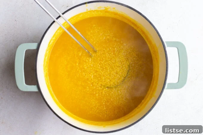 The Italian Penicillin Pastina soup simmering in a large pot, with a ladle scooping up a portion, showing the tiny pastina pasta.