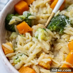 Bowl filled with cheesy orzo pasta and topped with roasted butternut squash cubes and fresh broccoli, with a fork on the side.