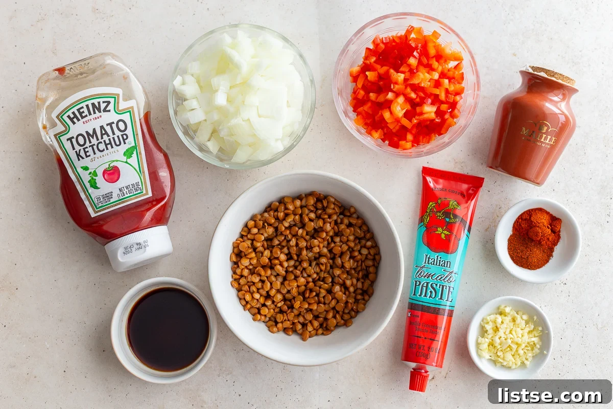 Ingredients spread out for making vegetarian lentil sloppy joes, including cooked lentils, ketchup, tomato paste, diced onion, and bell pepper.