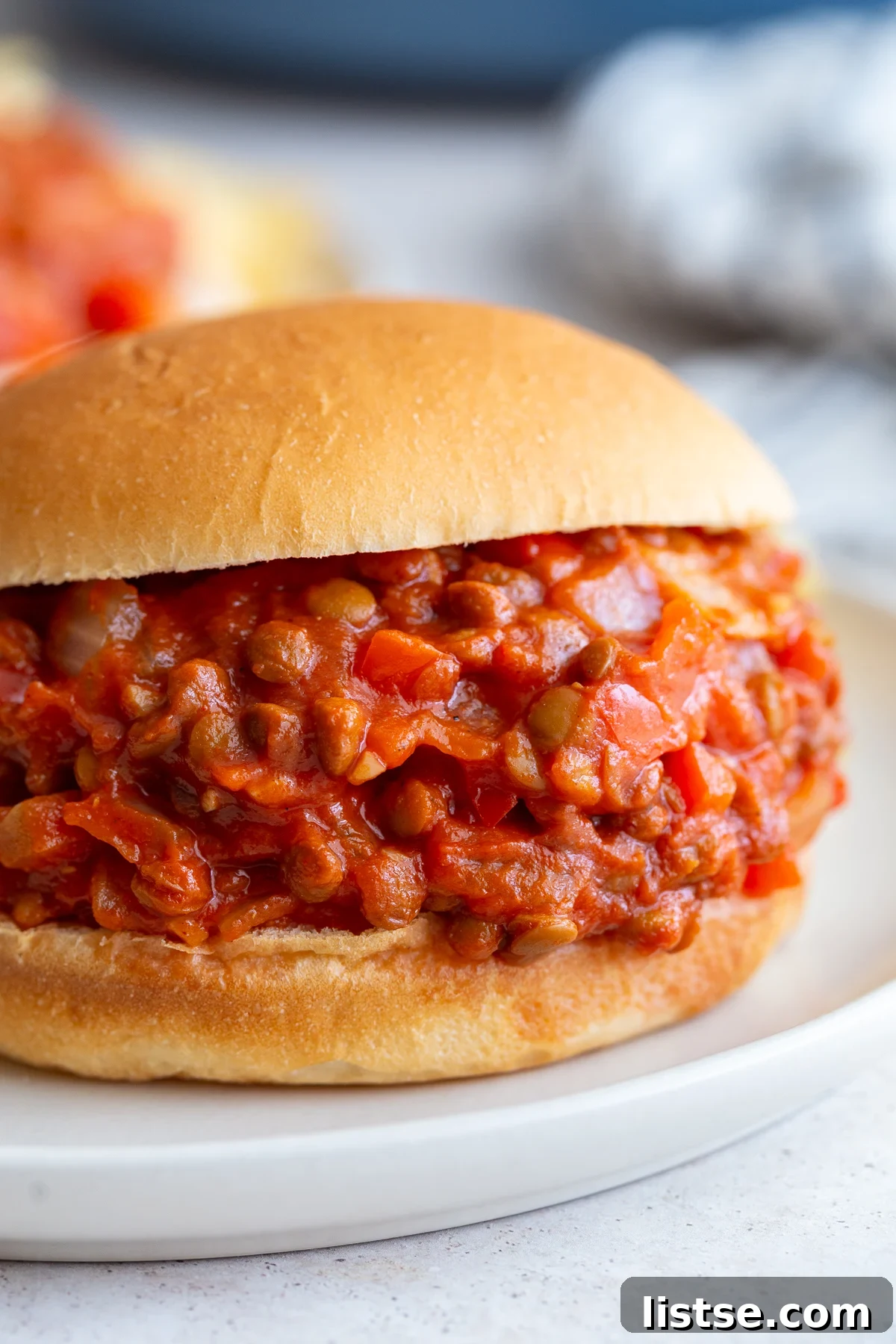 A vibrant, close-up shot of a lentil sloppy joe with visible sauce, lentils, and fresh greens, highlighting its appealing messiness.