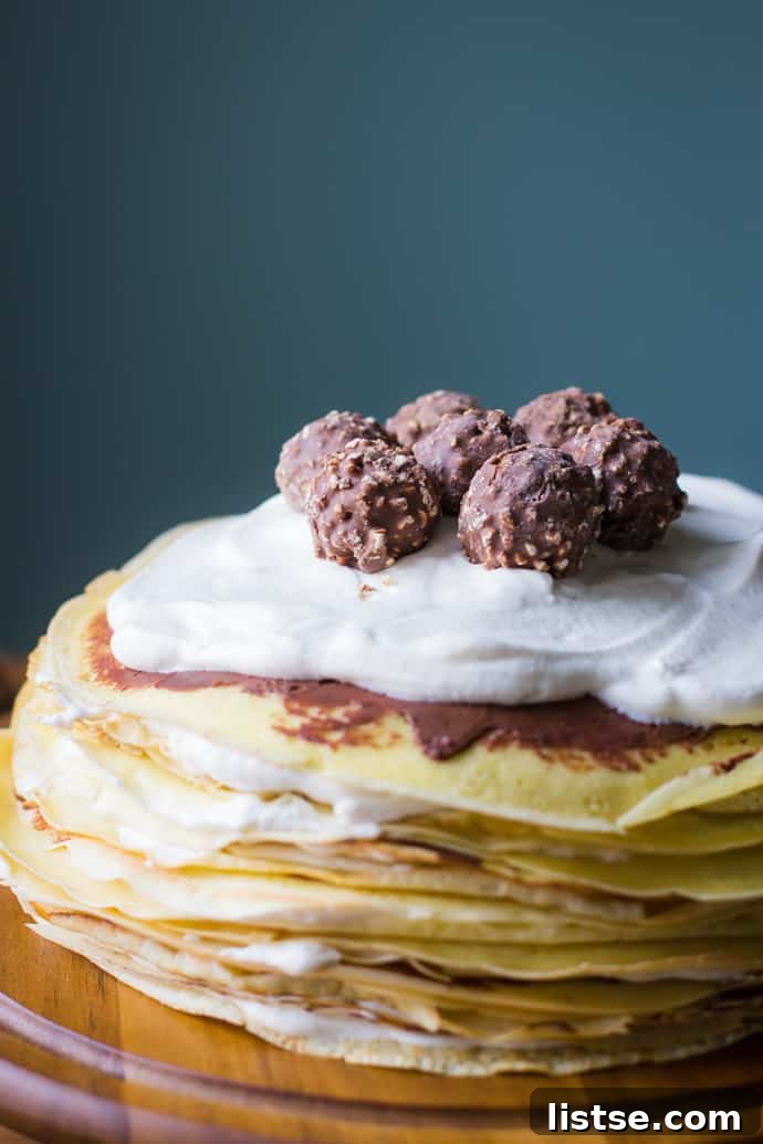 Rich Chocolate Ganache Crepe Cake with Baileys Whipped Cream