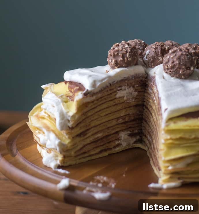 Another perspective of the indulgent Chocolate Ganache Crepe Cake