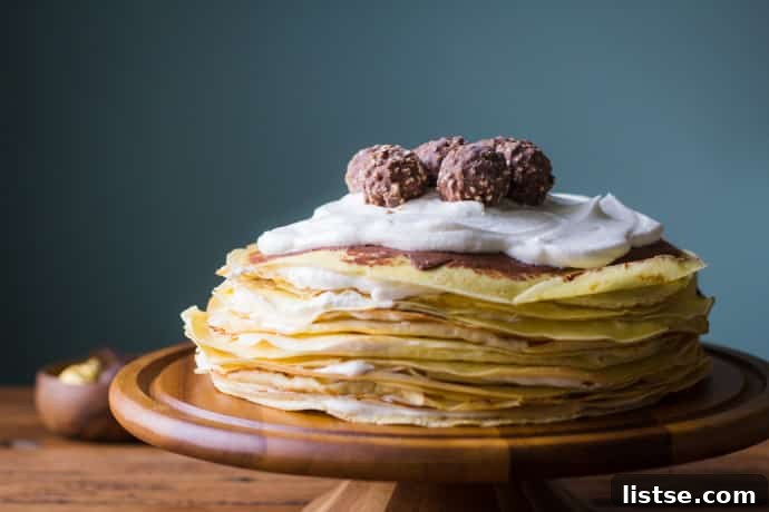 Overhead view of the freshly assembled Chocolate Ganache Crepe Cake