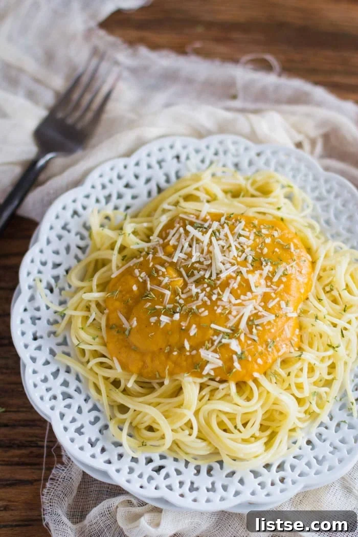 A final presentation of the creamy and comforting Butternut Squash Pasta Sauce, emphasizing its appeal as a healthy vegan meal.