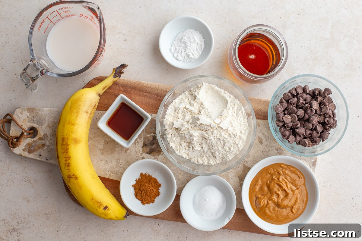 Plant-Powered Chocolate Chip Delights 4 Ingredients needed for vegan banana muffins laid out on a table