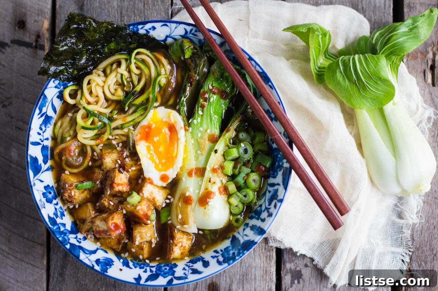 Close-up of Zucchini Noodle Ramen with a variety of toppings